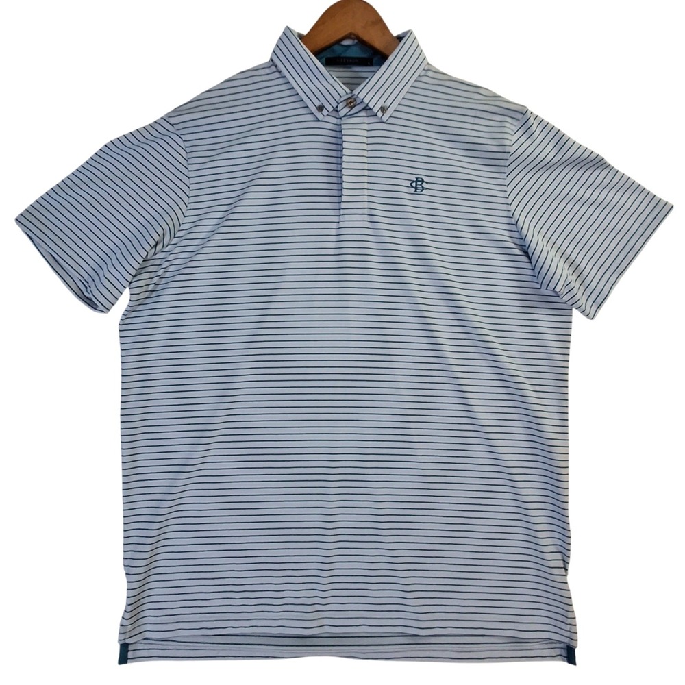 Greyson Polo Shirt Men's Large White Blue Strip Performance Stretch Belmont Golf